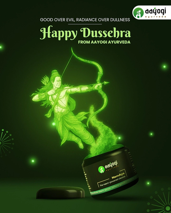 Dussehra creative ad: Glowing green Rama archer rising from powder out of a product jar