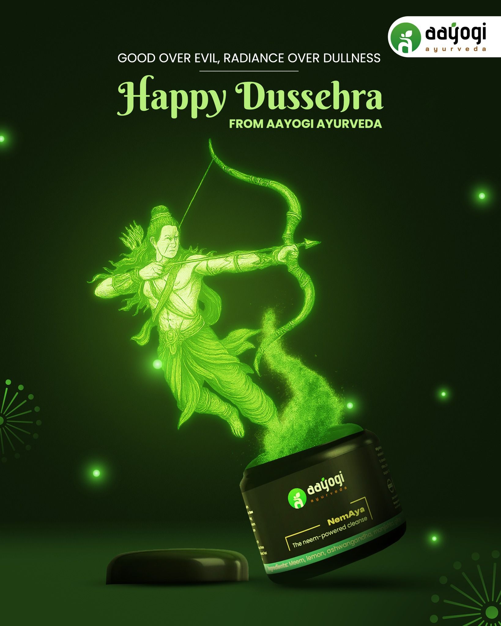 Glowing green Rama archer rising from powder out of a product jar