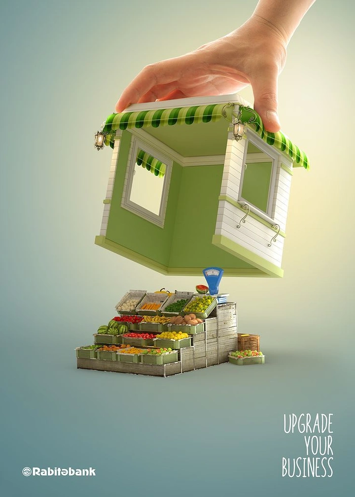 Finance & Banking creative ad: Hand lowering a green kiosk shop over a fruit stall