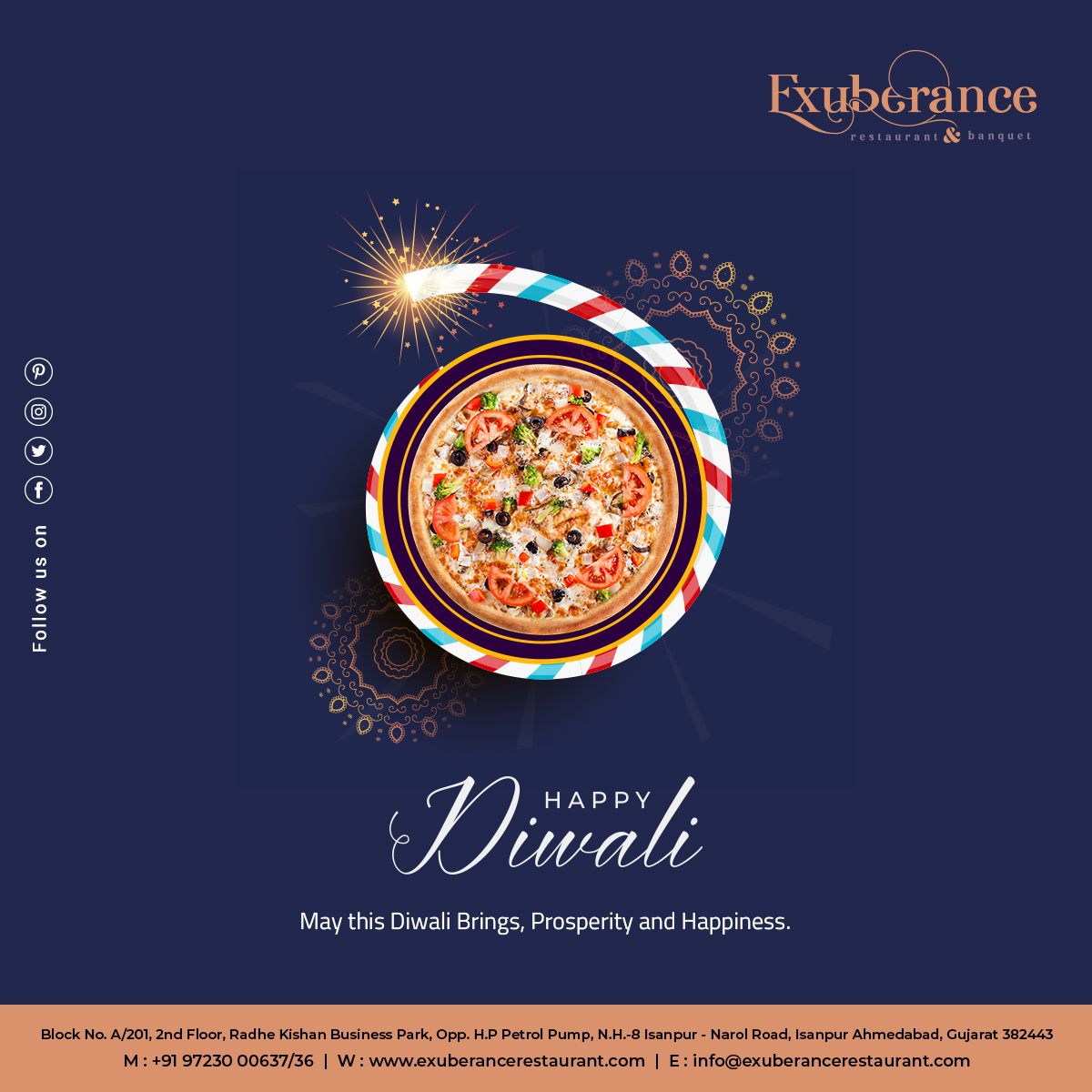 Top-down pizza inside a striped chakri-style ground spinner ring