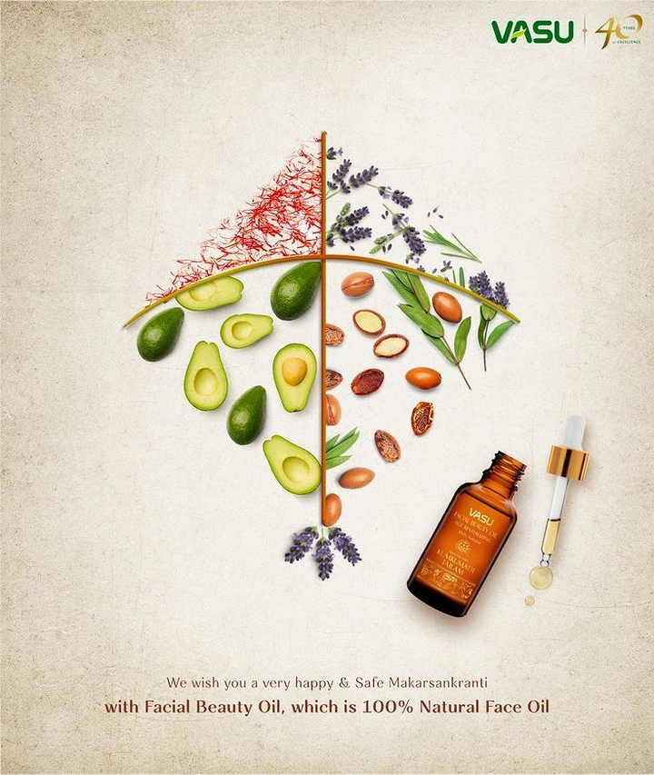 Makar Sankranti creative ad: Kite shape built from natural ingredients, with a face-oil bottle