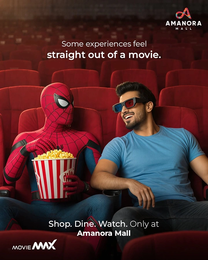 Cinemas & Movie Theatres creative ad: Spider-Man sharing popcorn, 'straight out of movie'