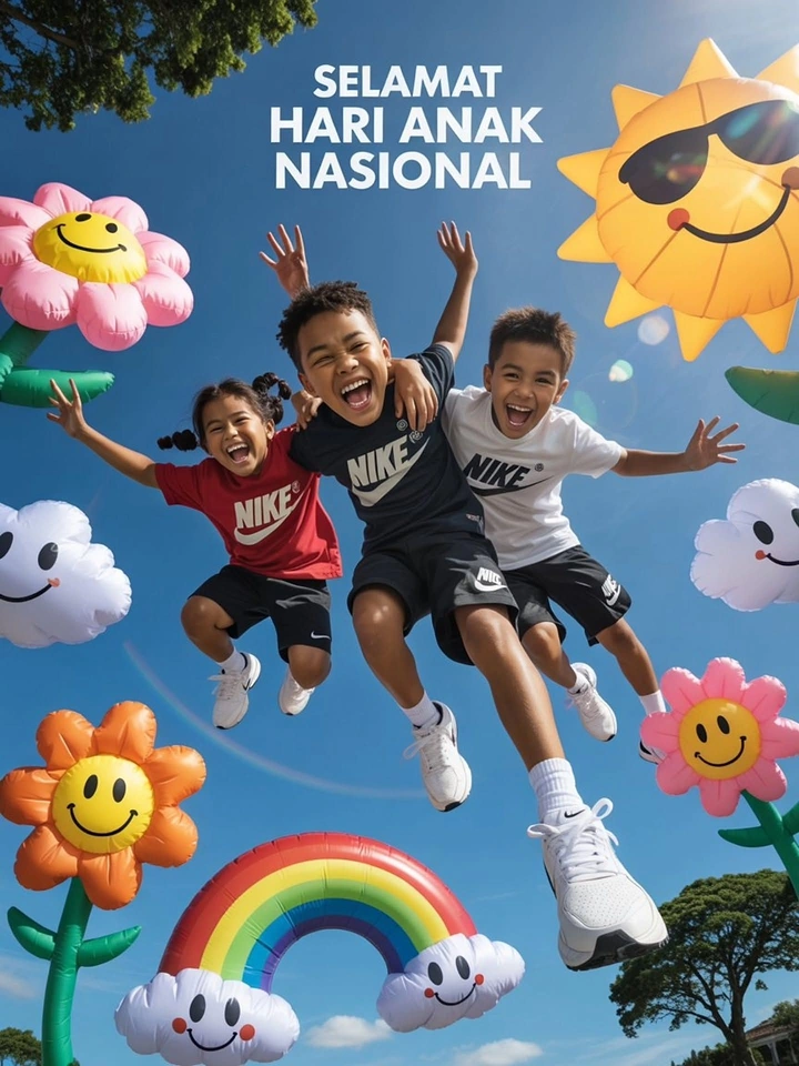 Children's Day creative ad: Three laughing kids in branded sportswear jumping mid-air