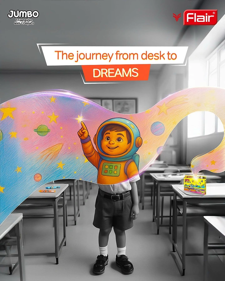 Children's Day creative ad: Schoolboy in classroom with crayon-drawn astronaut upper body