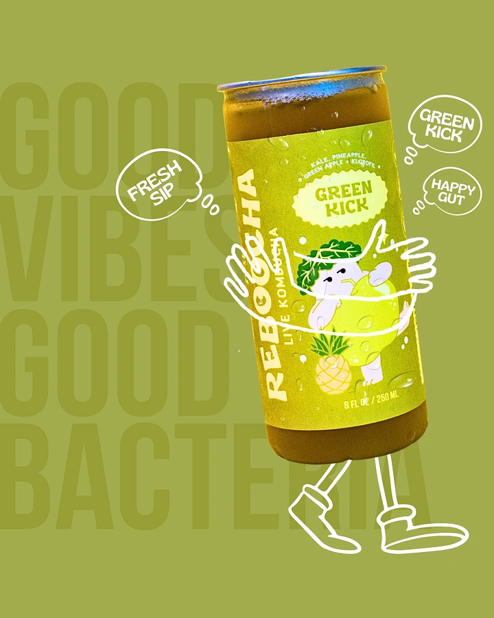 Juice Bars & Smoothies creative ad: Kombucha can with hand-drawn arms and legs walking