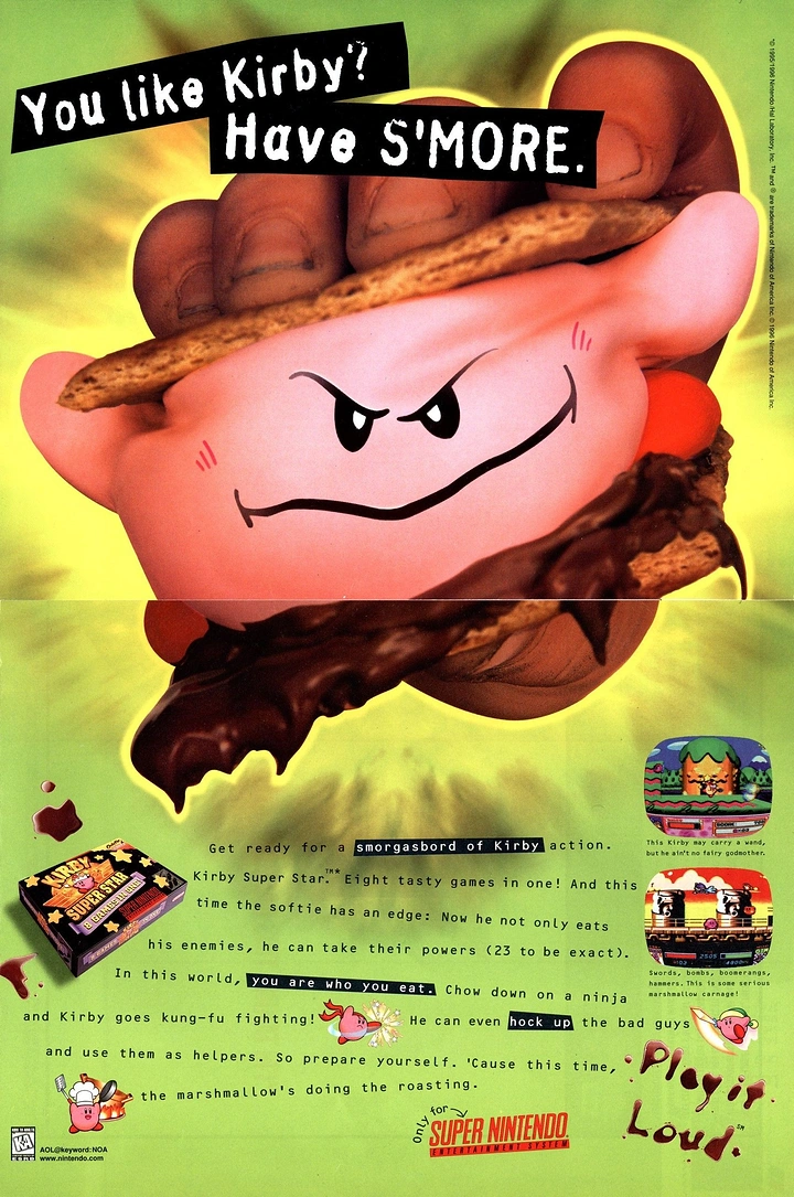 Gaming & Esports creative ad: Kirby as s'more, 'Have S'more' pun