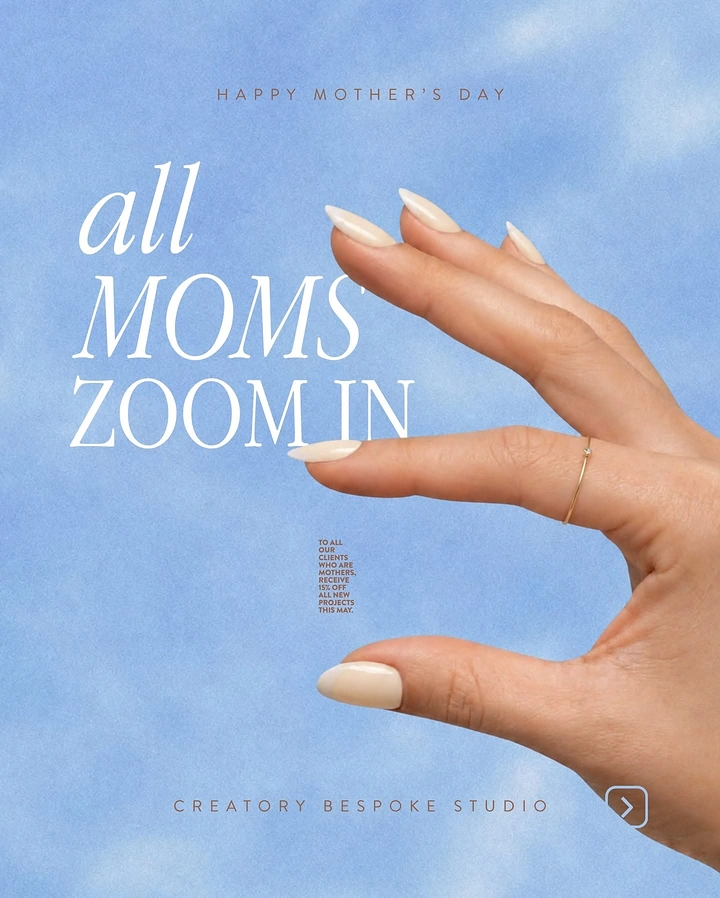 Mother's Day creative ad: Manicured hand making a pinch-to-zoom gesture against a blue sky