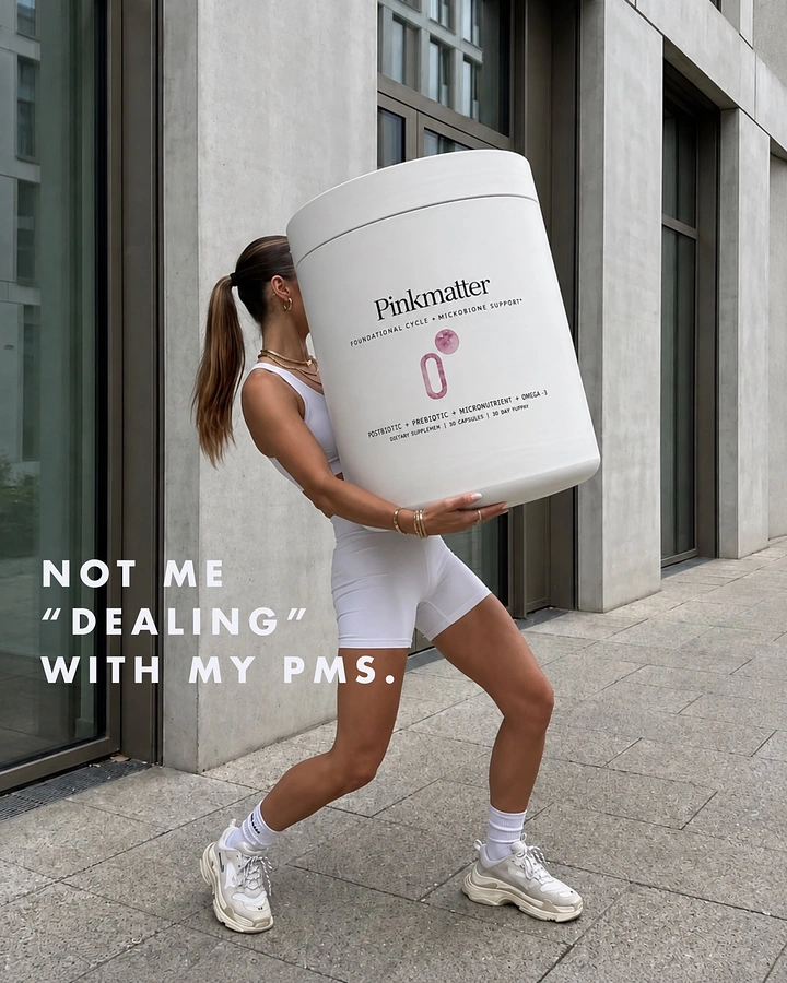 Period Care & Feminine Hygiene creative ad: Woman in white activewear straining to carry a giant supplement tub