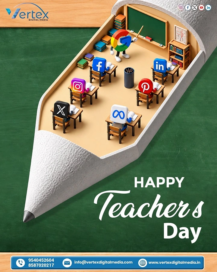 Teachers Day creative ad: Pencil cut open to reveal a miniature classroom of social media logo students