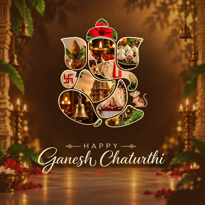 Ganesh Chaturthi creative ad: Ganesha outline filled with festive photo collage