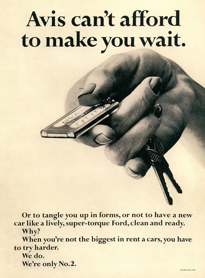 Car Rental creative ad: Classic Avis 'We try harder' witty copy