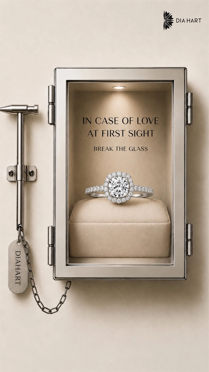 Valentine's Day creative ad: Diamond halo ring inside a break-glass emergency case