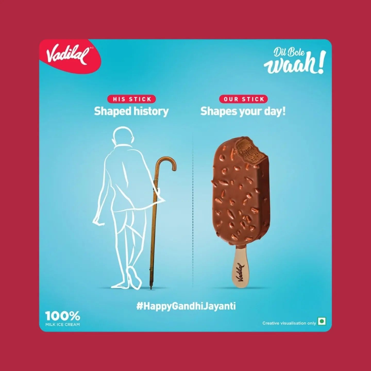 Line-art Gandhi with a cane beside a chocolate ice cream stick