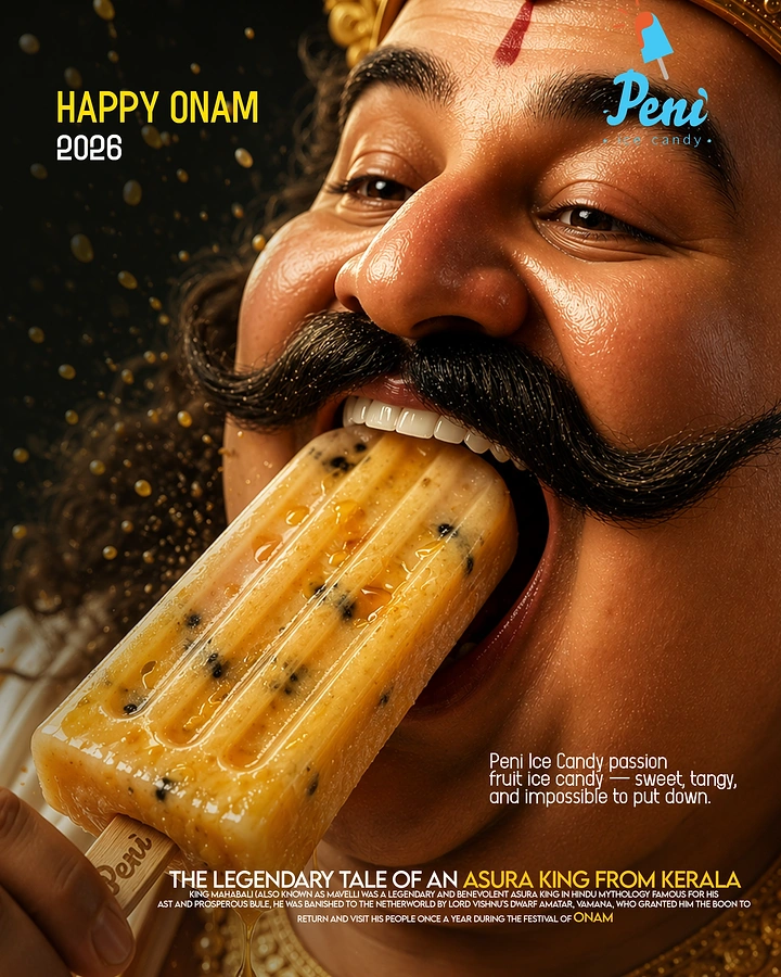 Onam creative ad: Extreme close-up of Mahabali biting a passion fruit ice candy