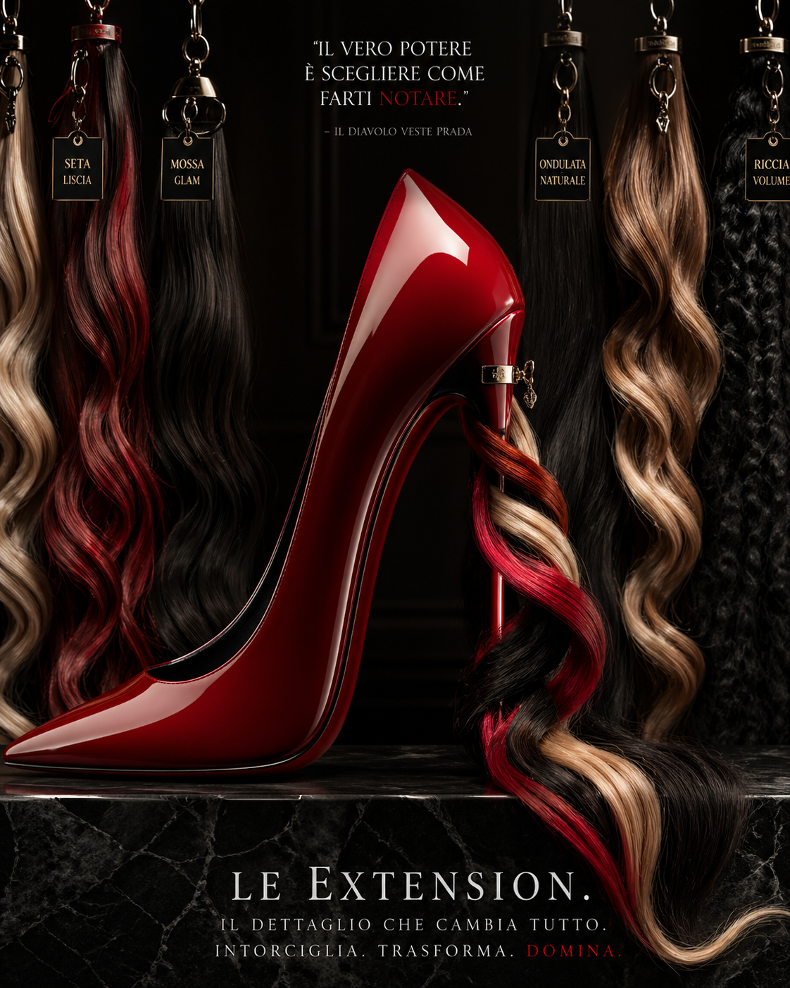 Instagram post: Glossy red stiletto on black marble with a braided multi-tone hair extension wrapped around its heel