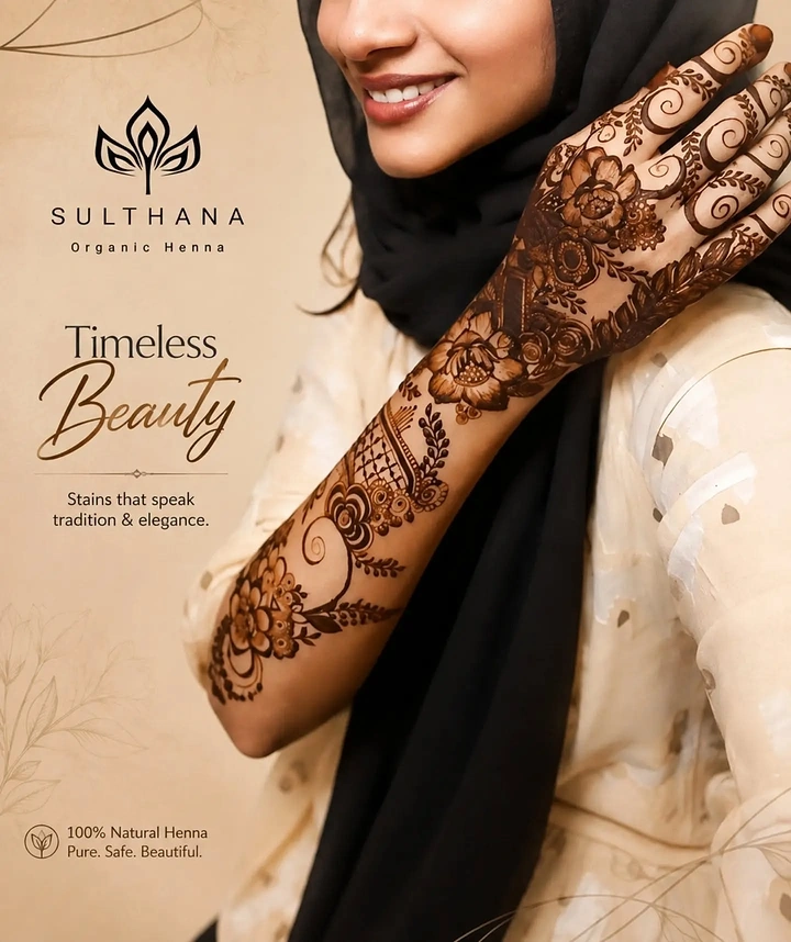 Beauty & Salon creative ad: Smiling woman displaying an elaborate henna-covered arm