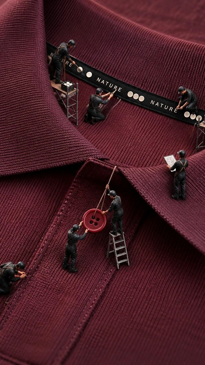 Tailors & Alterations creative ad: Miniature workers stitching button on collar