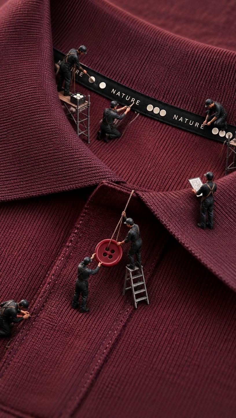 Story: Miniature workers stitching button on collar