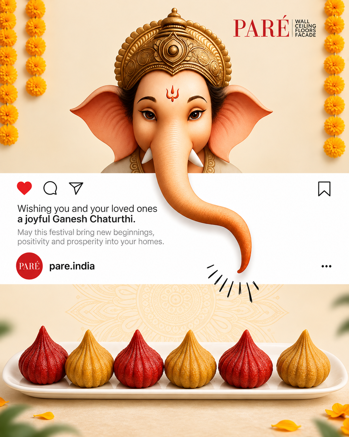 Ganesh Chaturthi Instagram post: Ganesha's trunk reaching out of a mock social-media post toward modaks
