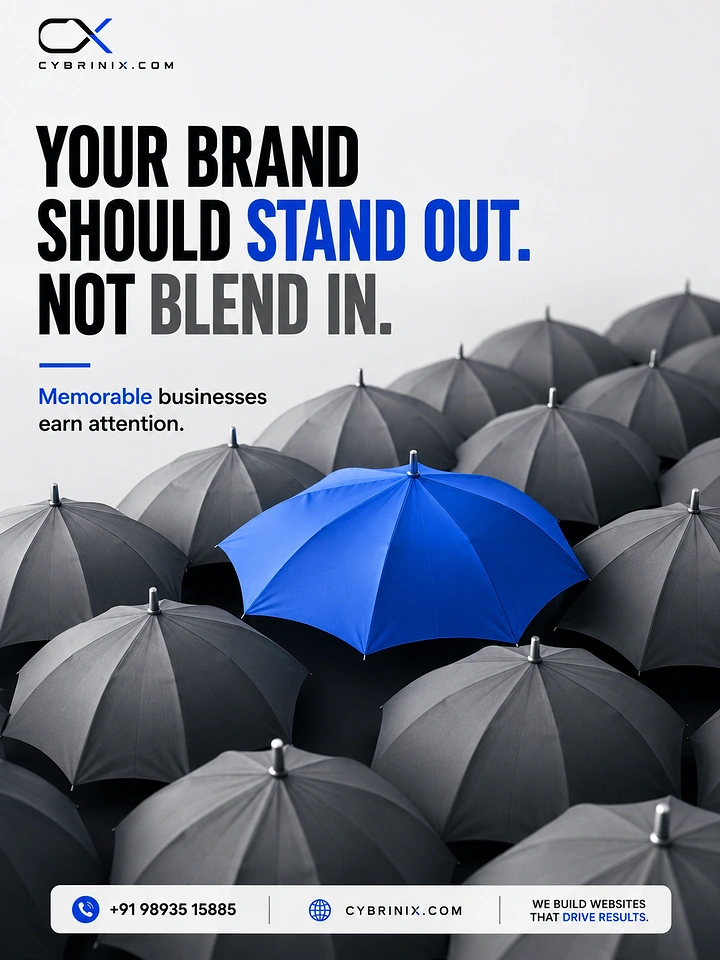 Agency creative ad: Blue umbrella among grey: stand out metaphor