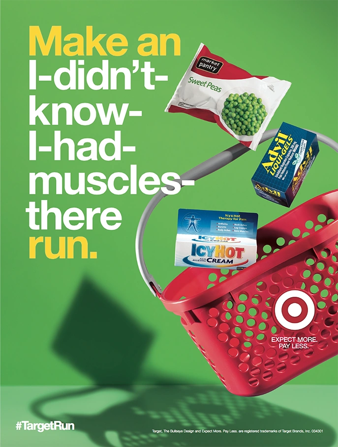 Healthcare creative ad: Red shopping basket tossing groceries and pain-relief products in mid-air