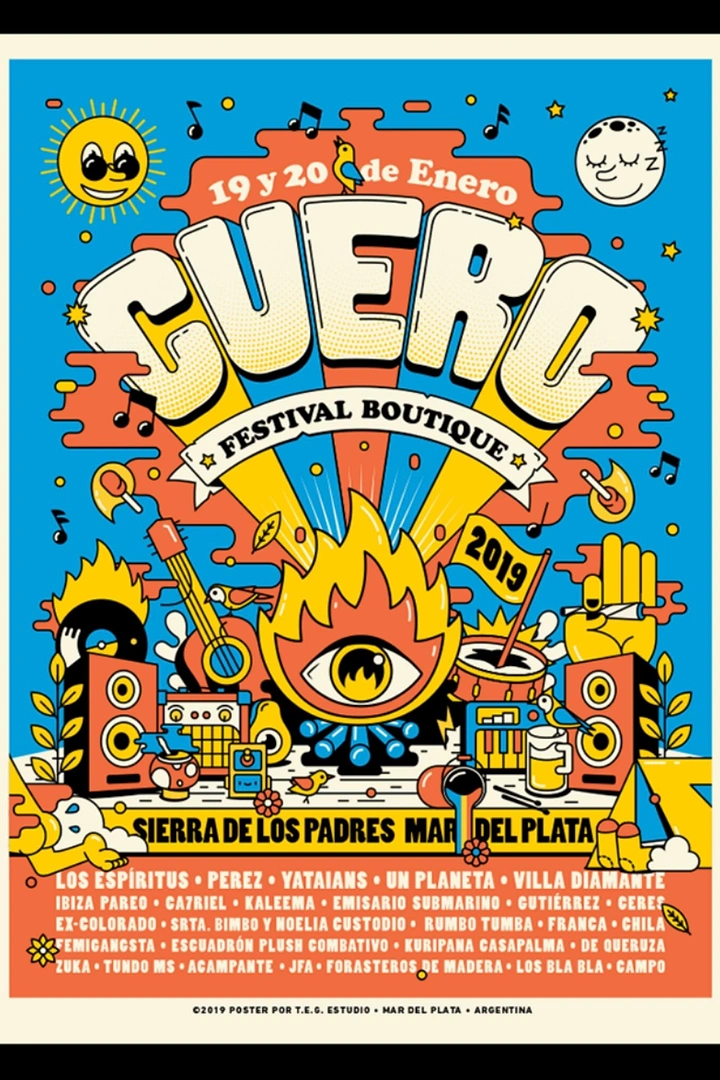 Creative ad: Flaming eye bonfire surrounded by music gear under a giant bubble logo