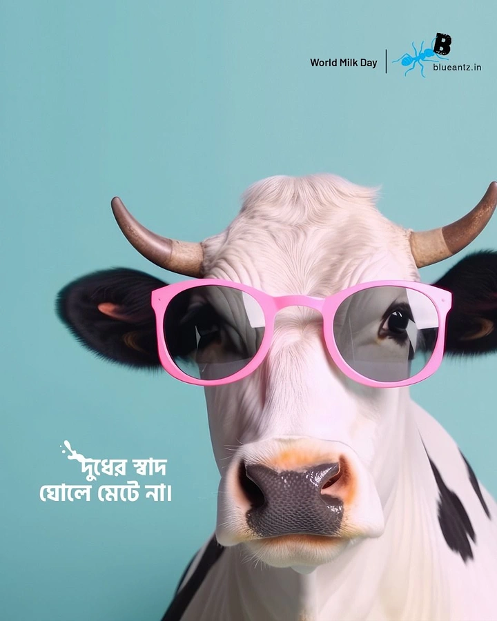 Dairy Brands creative ad: Cool cow in pink glasses, minimal