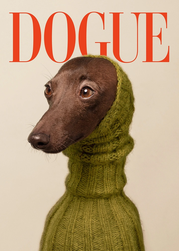 Pets creative ad: Brown whippet-type dog in an olive knit turtleneck hood