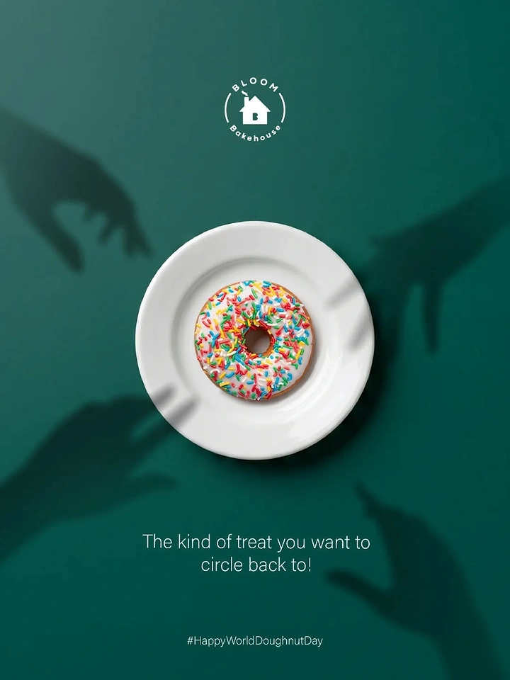 other-festival creative ad: Sprinkled doughnut on a white plate, with shadow hands reaching for it