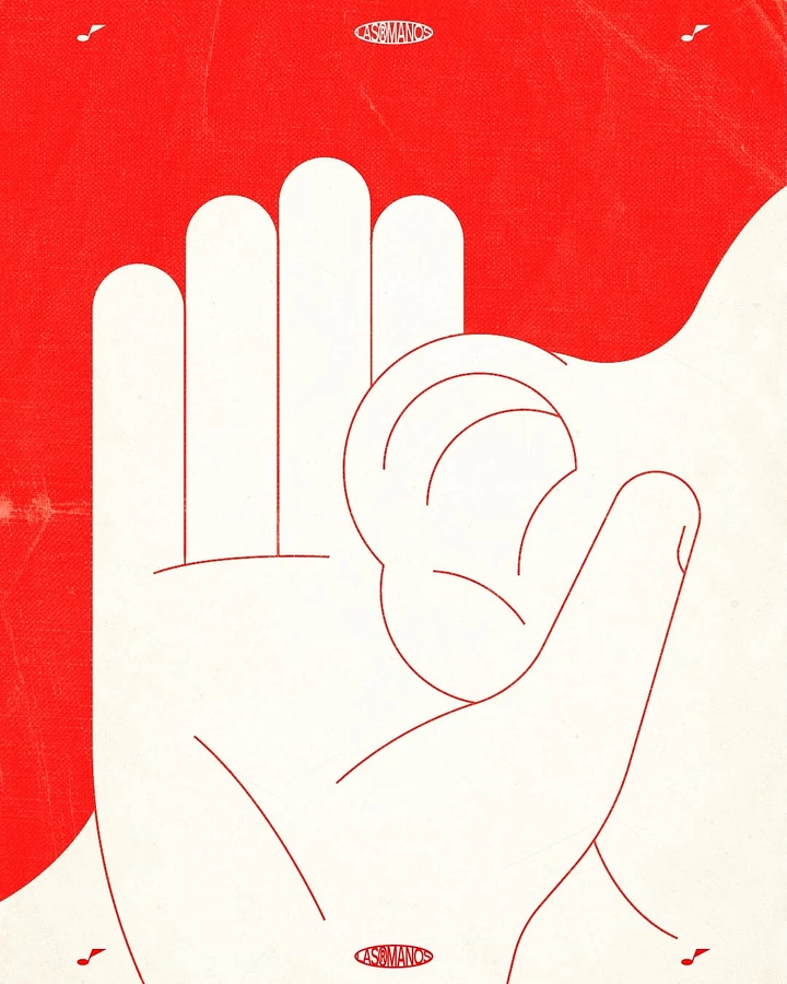 Hearing Aids creative ad: Line-art hand cupping ear, minimal