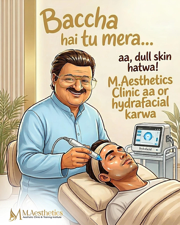 Bhai Dooj creative ad: Smiling doctor performing a hydrafacial treatment