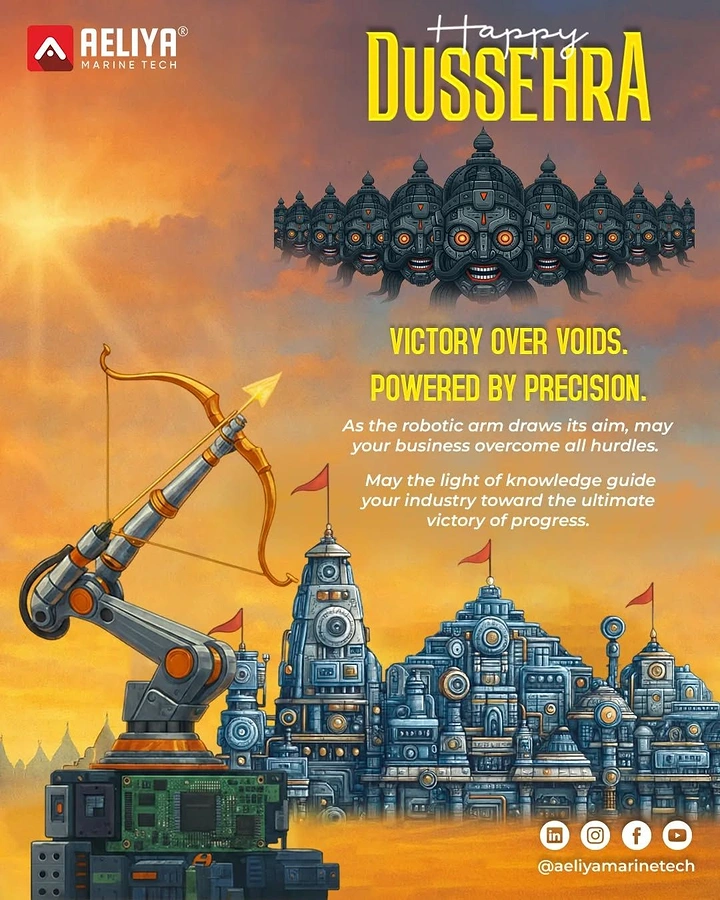 Dussehra creative ad: A robotic arm aiming a bow toward a hovering multi-headed mechanical Ravana