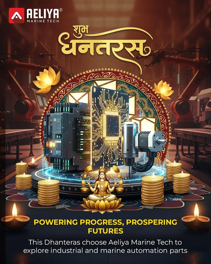 Dhanteras creative ad: Industrial automation machinery staged as a sacred Dhanteras prosperity altar