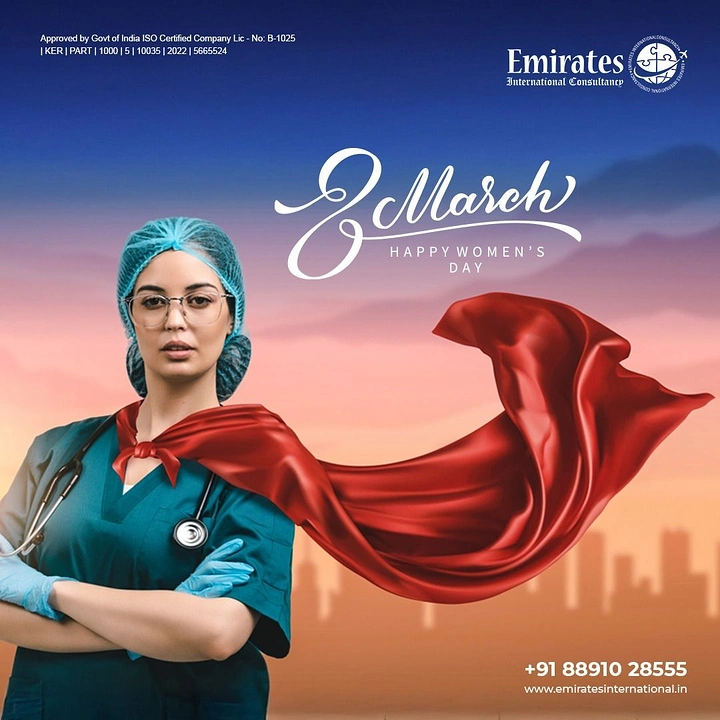 Women's Day creative ad: Female nurse in scrubs with arms crossed, wearing a flowing red superhero cape