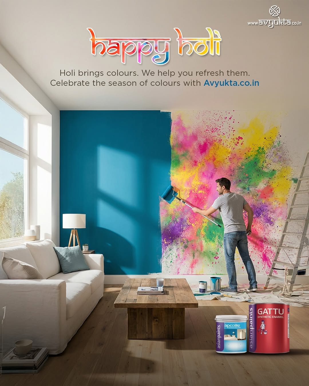 Holi Instagram post: Man rolling teal paint over a Holi colour-splashed living room wall