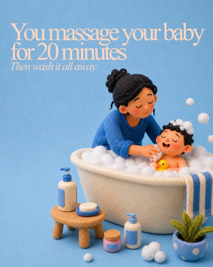 Skincare & Cosmetics creative ad: Felted mother bathing a smiling baby in a bubbly tub