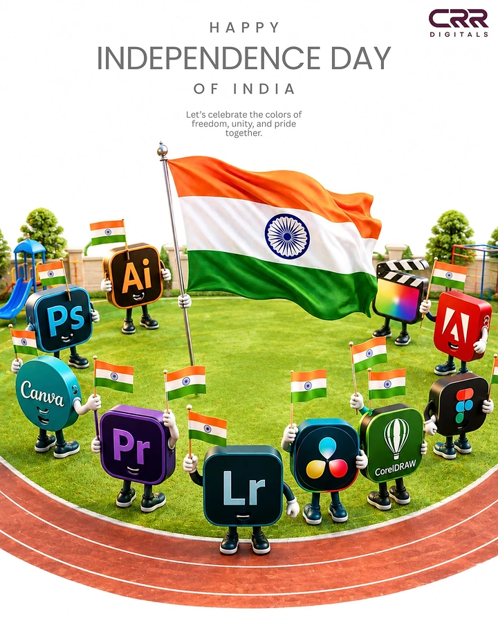 Independence Day creative ad: 3D design-app icon mascots with flags around a big tricolour