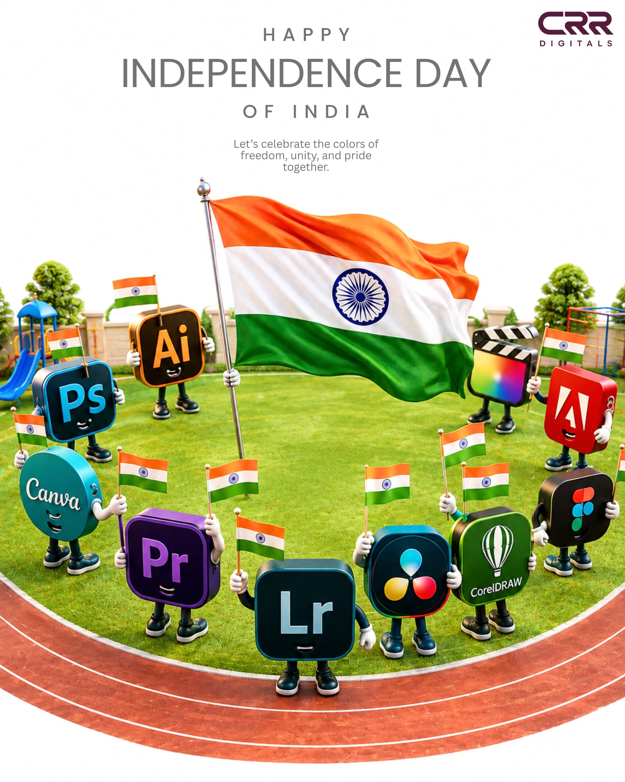3D design-app icon mascots with flags around a big tricolour