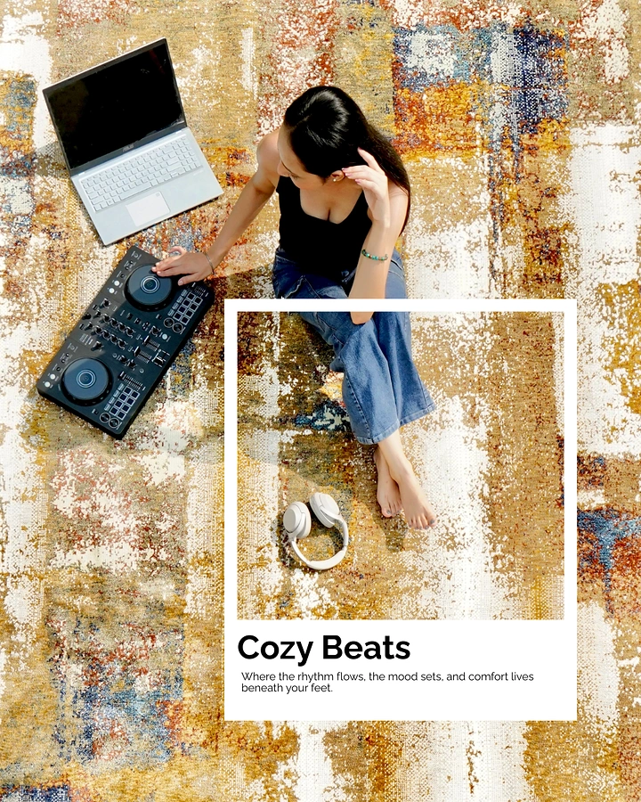 Rugs & Carpets creative ad: DJ setup turns rug into cozy beats
