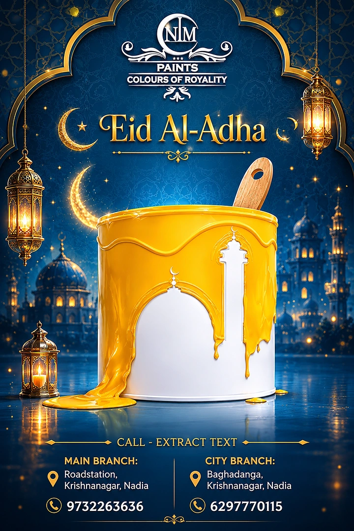 Eid creative ad: White paint bucket dripping yellow paint that forms a mosque silhouette