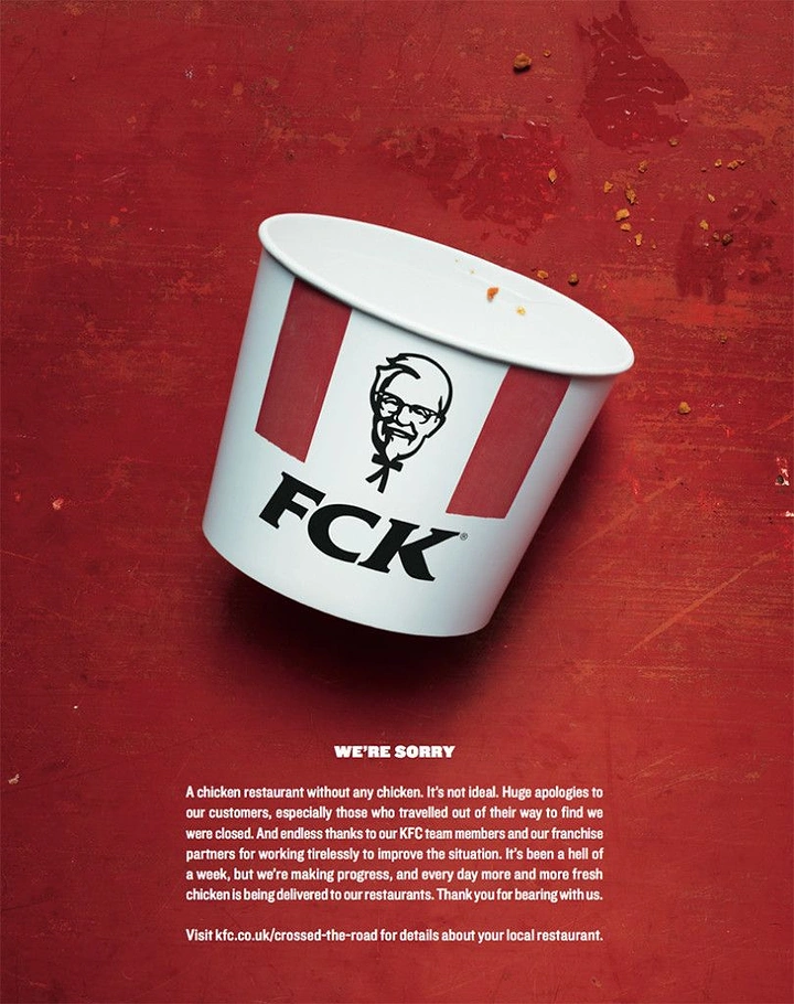 Restaurant & Cafe creative ad: Empty branded chicken bucket with scrambled logo letters