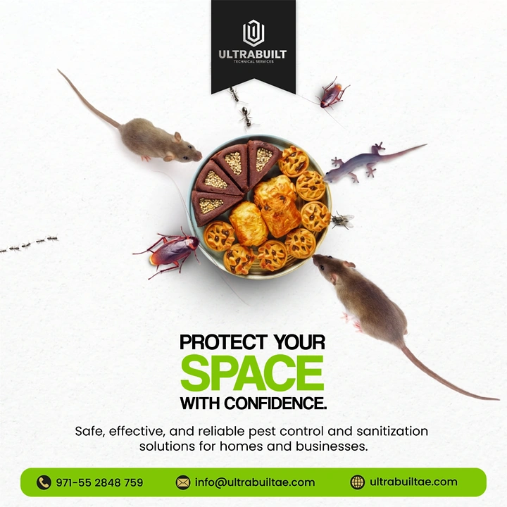 Pest Control creative ad: Rats and roaches raiding a dinner plate
