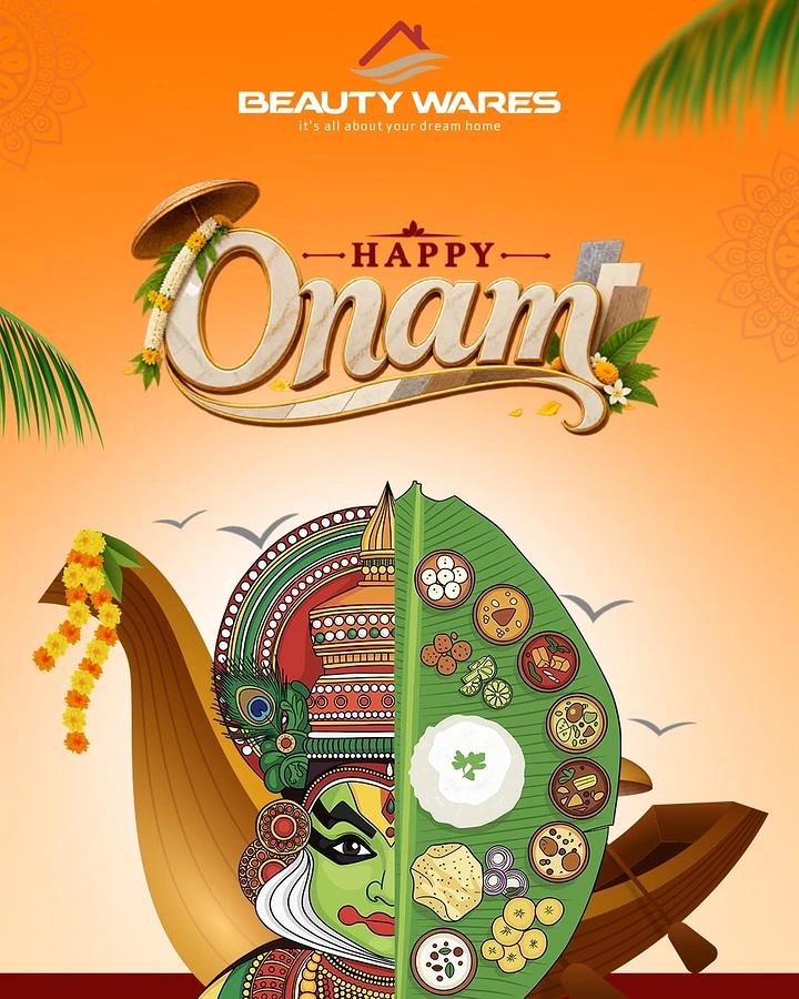 Onam creative ad: Split Kathakali face and banana-leaf sadya illustration