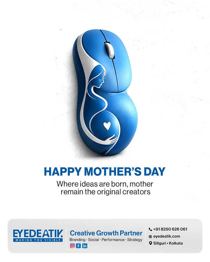 Mother's Day creative ad: Blue computer mouse shaped like a pregnant belly with mother line art
