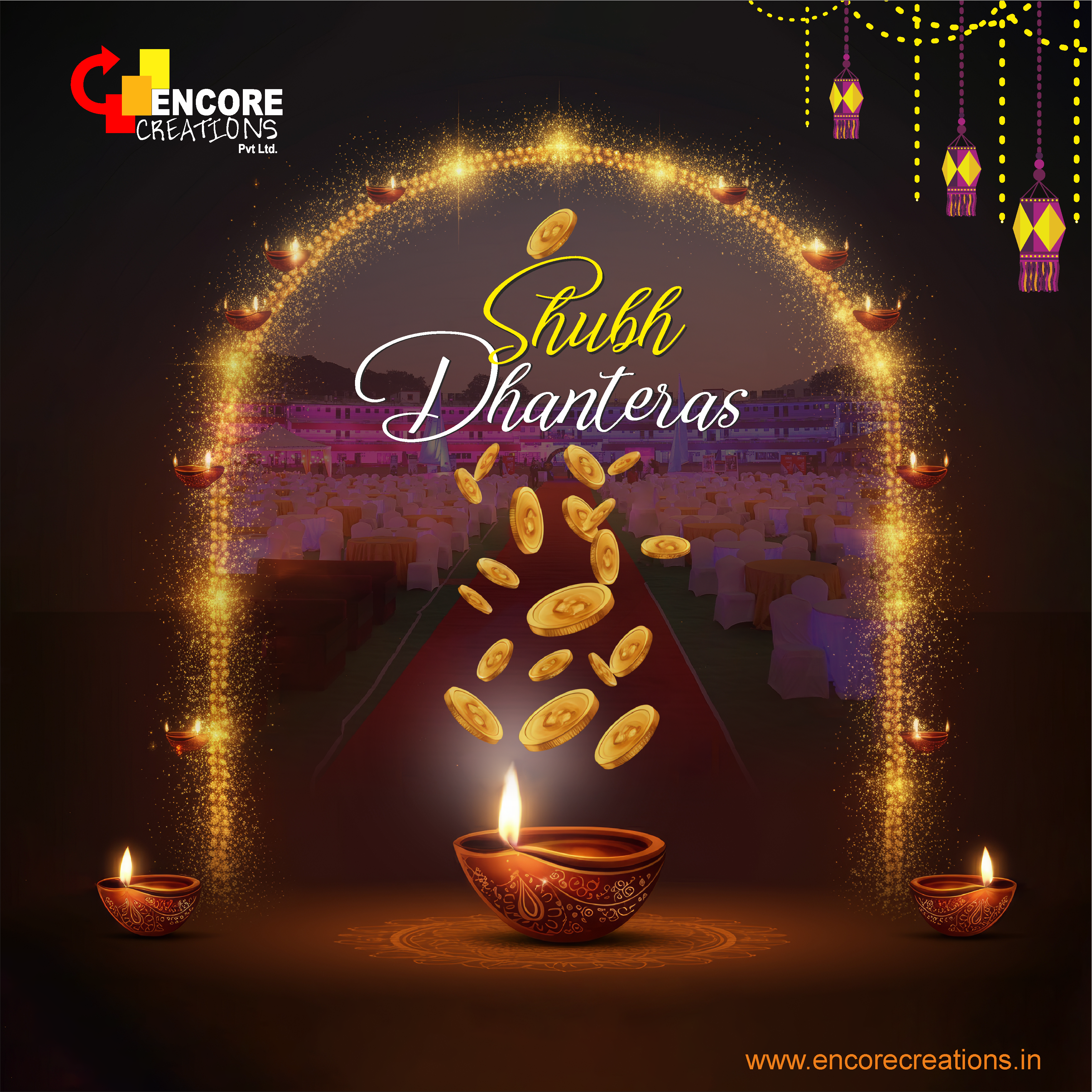 Dhanteras Poster: Glowing diya and cascading gold coins leading into a lavish event venue