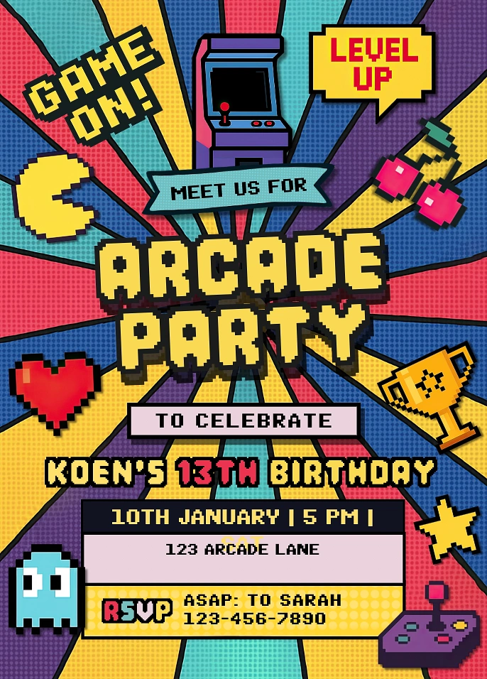 Board Games & Game Cafes creative ad: Pixel arcade birthday invitation concept