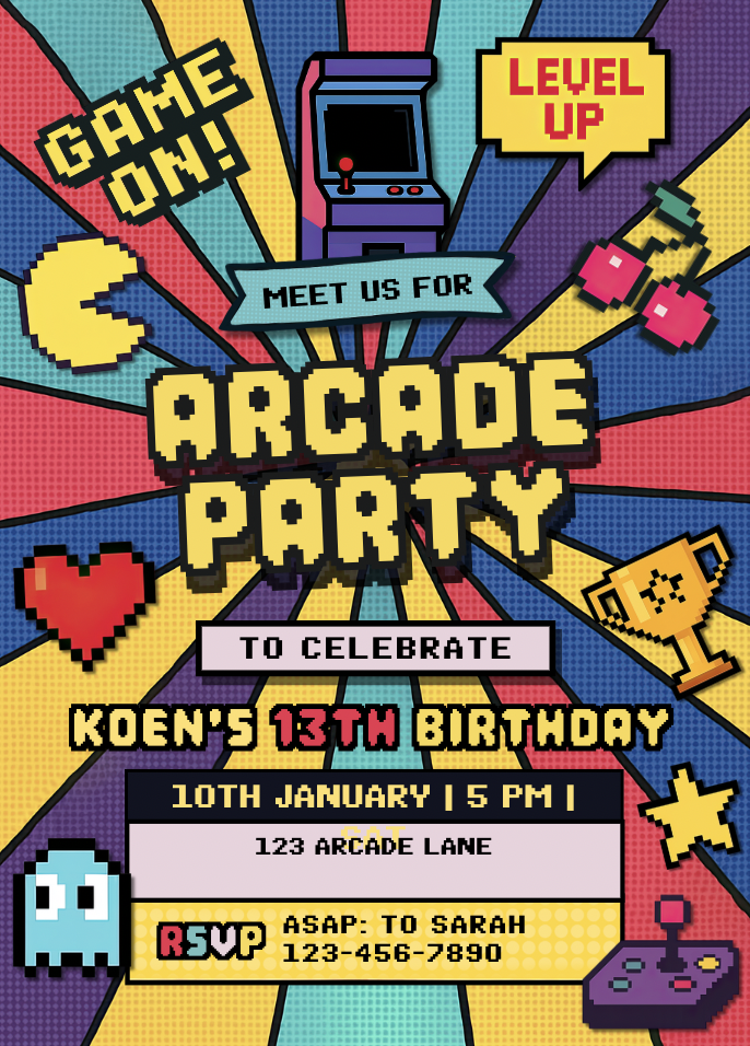 Story: Pixel arcade birthday invitation concept