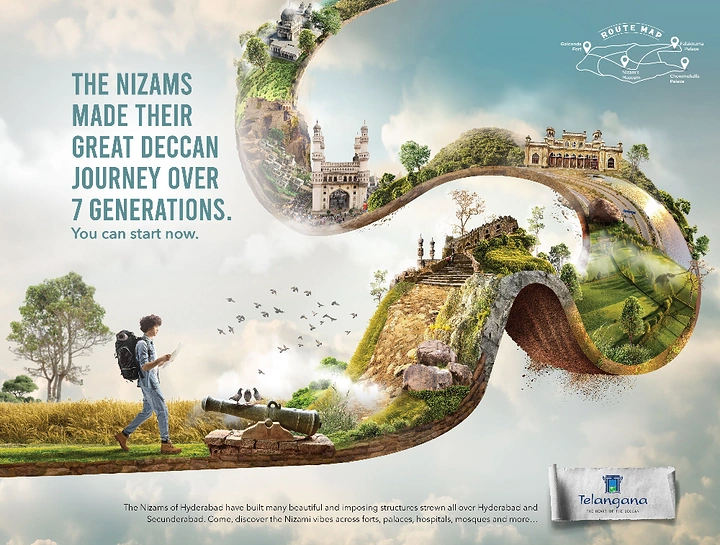 Creative ad: Backpacker walking onto a surreal S-shaped road carrying Hyderabad monuments