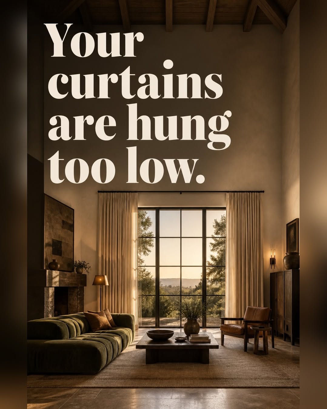 Carousel: Moody double-height living room with tall linen curtains framing a sunset window, slide 1