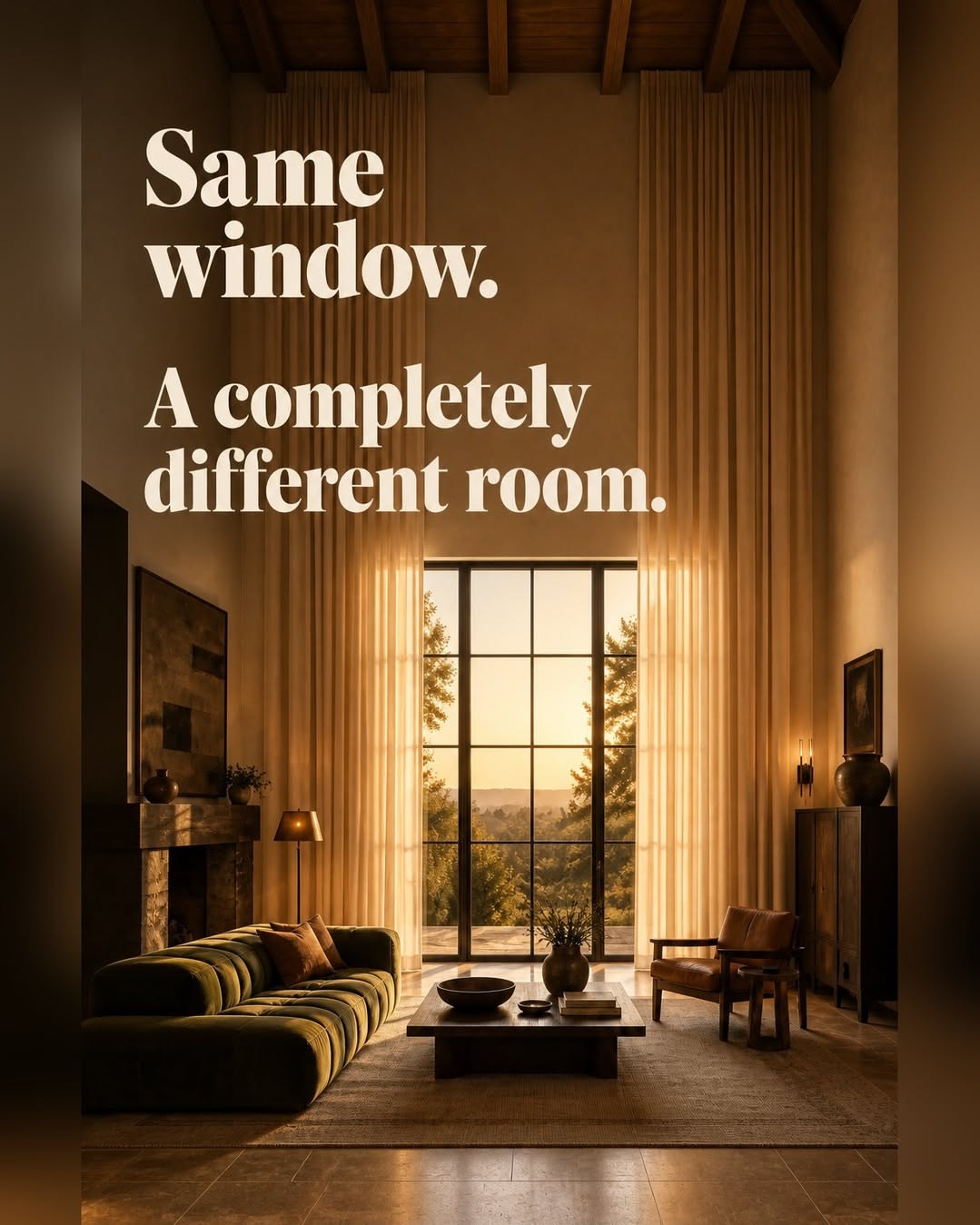 Carousel: Moody double-height living room with tall linen curtains framing a sunset window, slide 5